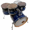 Pearl blue and black shell drum kit with chrome hardware and white resonant drumhead.