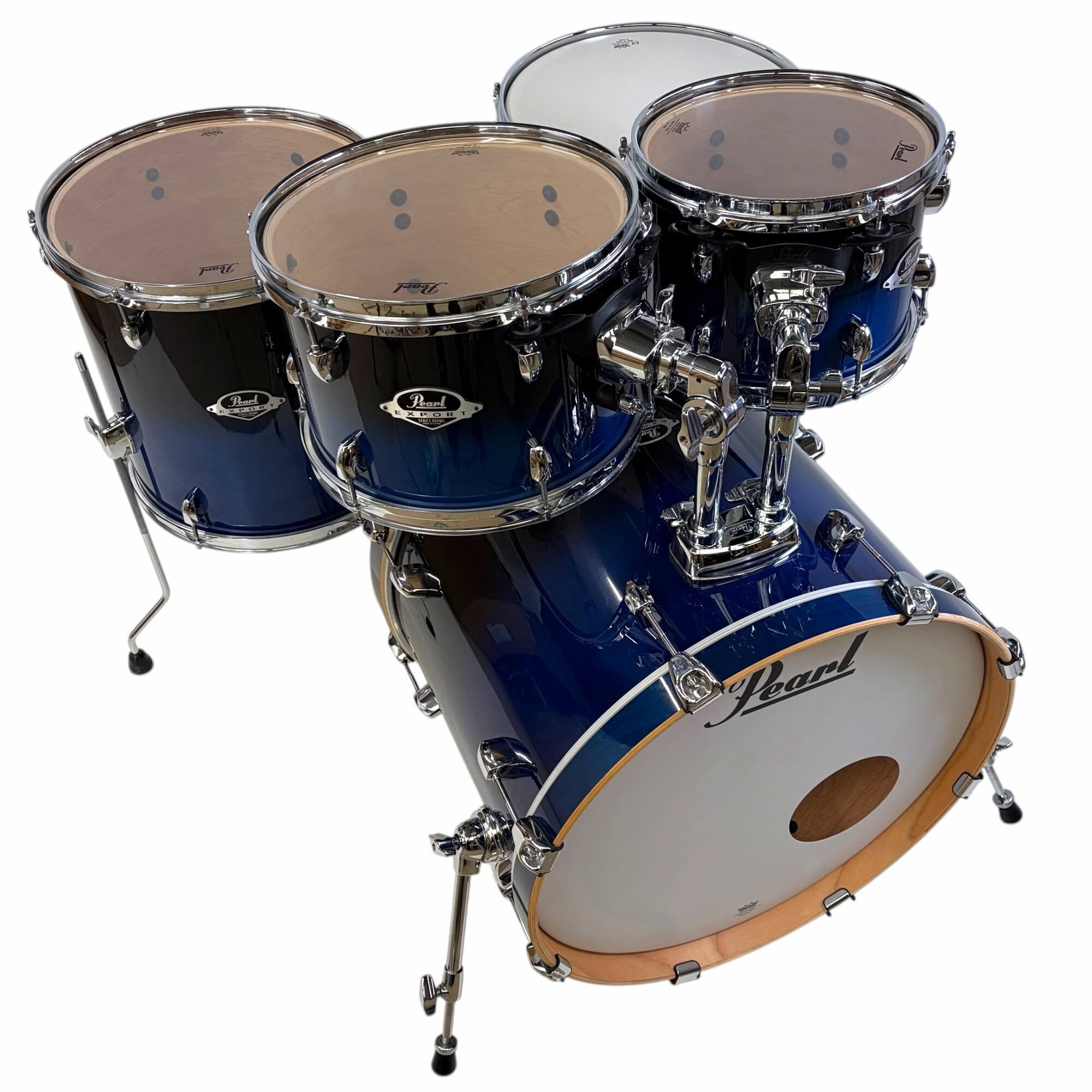 Pearl blue and black shell drum kit with chrome hardware and white resonant drumhead.