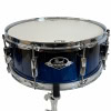 Pearl Export snare drum on chrome stand, blue finish, drum hardware.