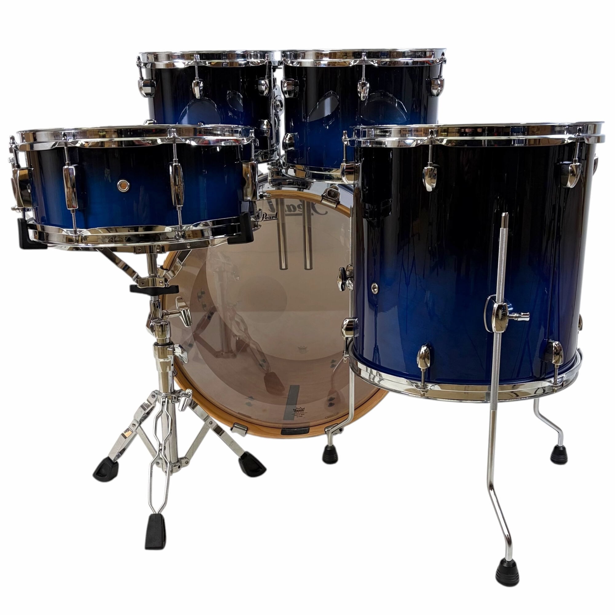Pearl drum shell set in blue finish with chrome hardware.