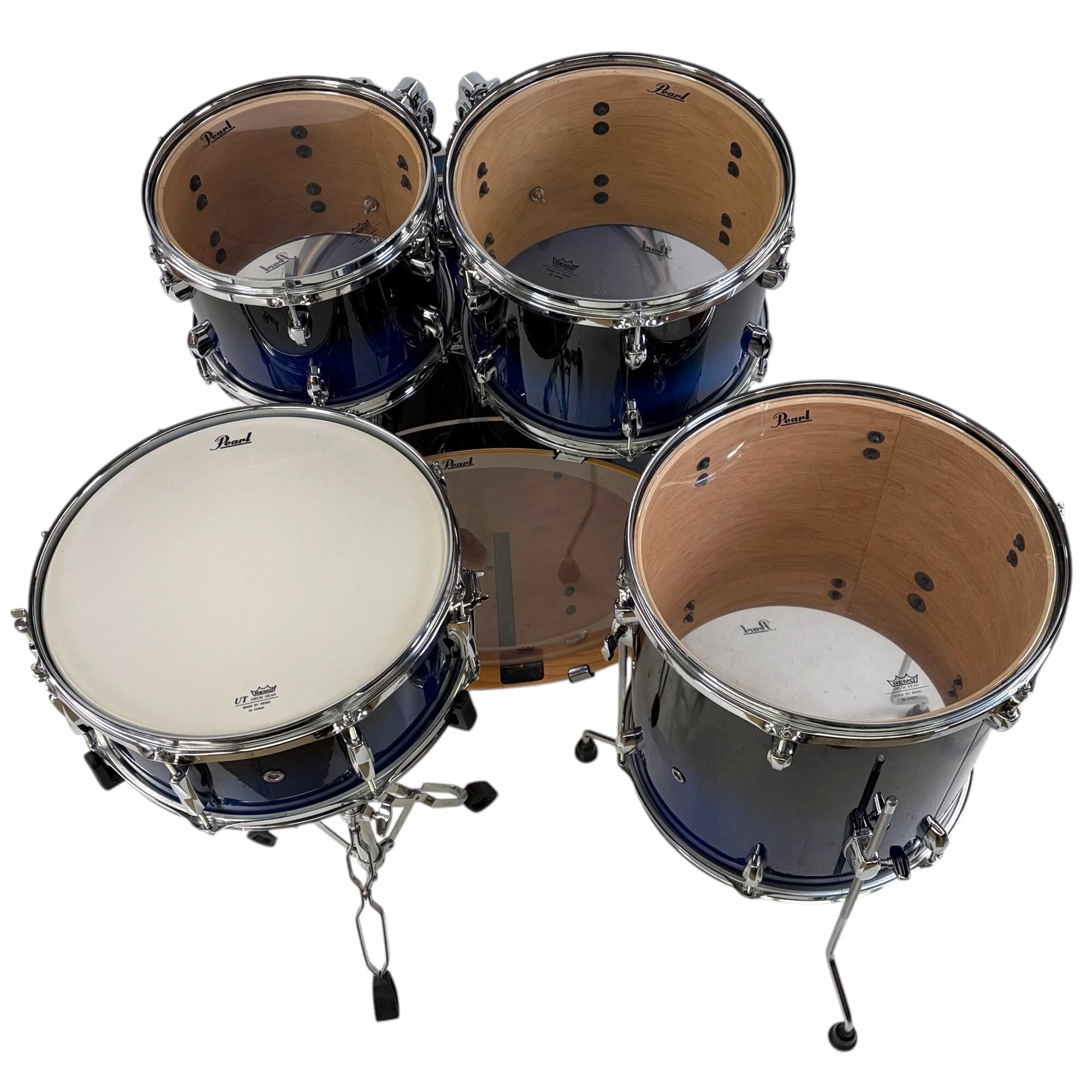 Pearl Export EXL 5-piece drum kit with blue finish and chrome hardware.