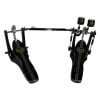Double bass drum pedal for drummers, black with adjustable components.