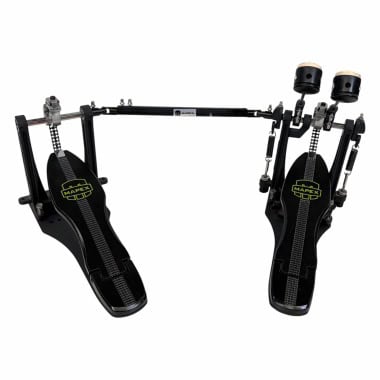 Double bass drum pedal for drummers, black with adjustable components.