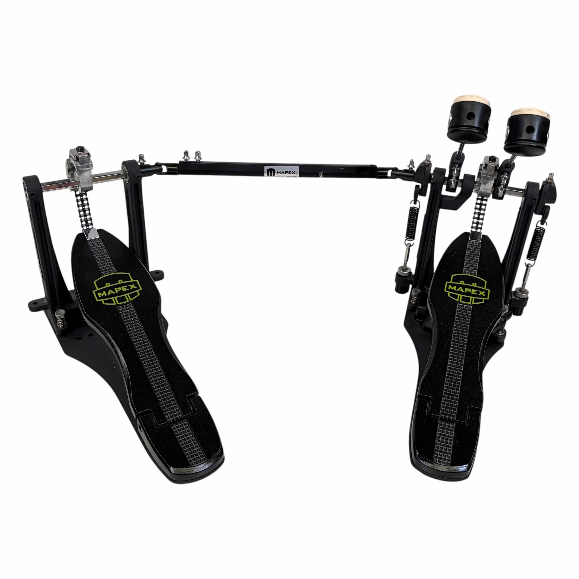 Double bass drum pedal for drummers, black with adjustable components.
