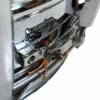 Close-up of a Pearl Sensitine Steel 14x6.5in snare drum with chrome finish.