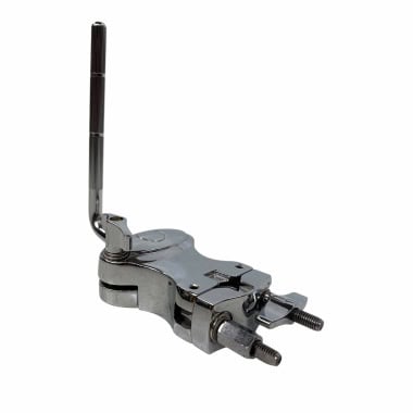 Drum hardware clamp with adjustable arm for secure mounting.