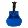 Blue drum block with mounting clamp for percussion instruments.