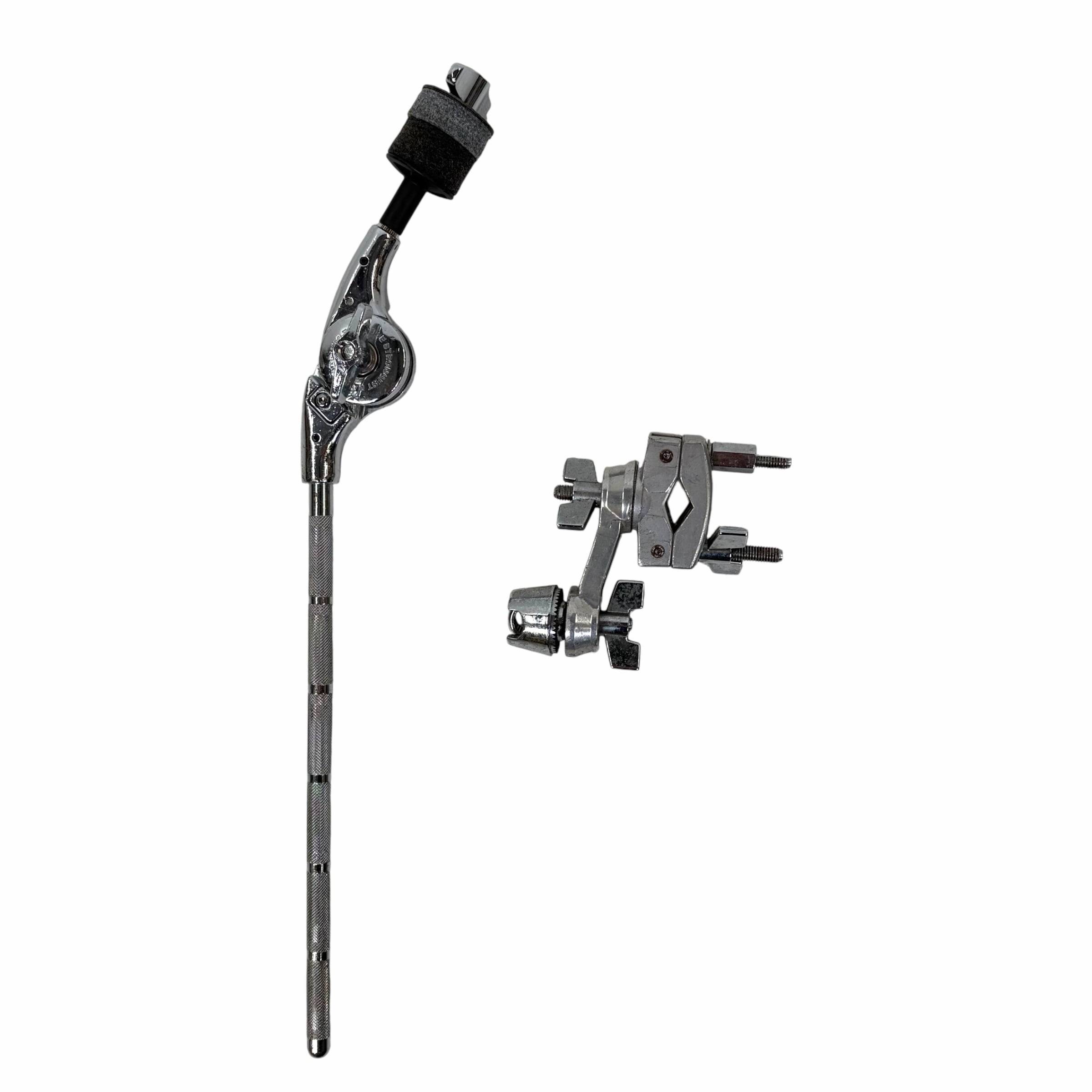 Drum cymbal holder and clamp for drum kit setup.