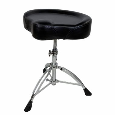 Black saddle top drum throne with chrome legs and adjustable height.
