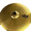 Gold SBR ride cymbal with black logo and grooves for drum kit.