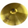 Gold cymbal for drum kit with detailed grooves and logo.