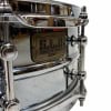 Close-up of Tama SLP Super Aluminium 14x5in snare drum with chrome finish.
