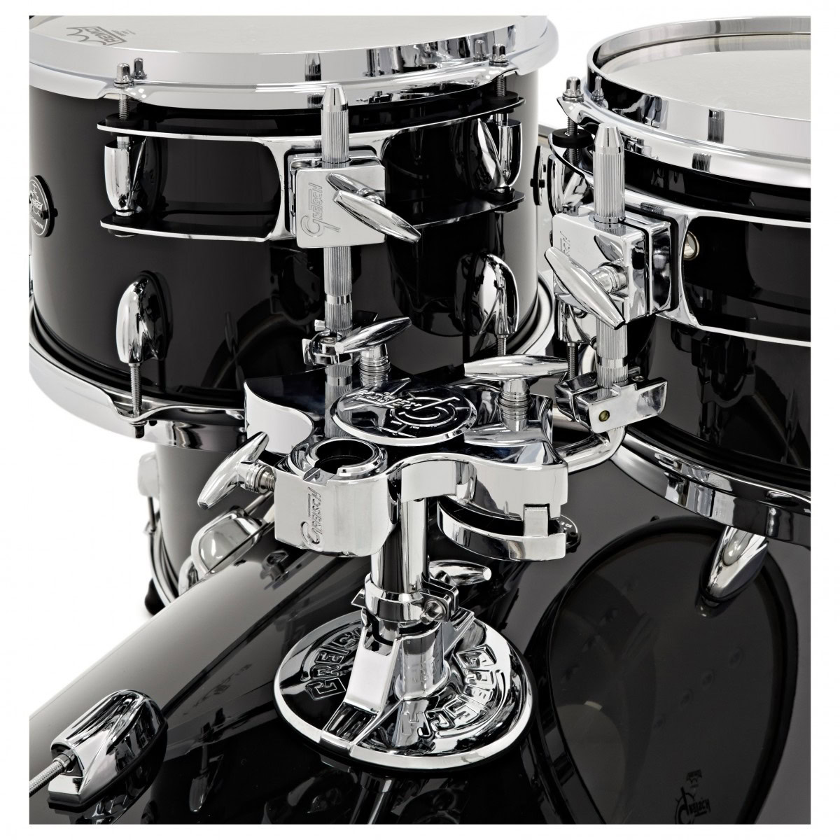 Black drum shells with chrome hardware and mounting hardware.