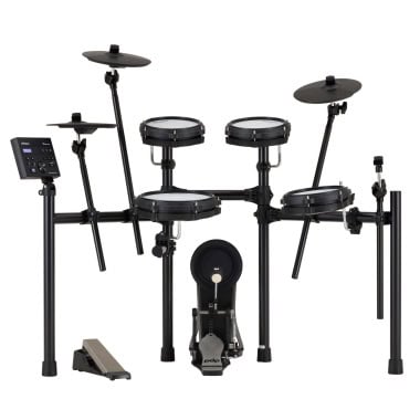 Electronic drum kit with mesh pads and cymbals for drummers.