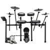Electronic drum kit with multiple pads and cymbals for drummers.