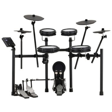Electronic drum kit with multiple pads and cymbals for drummers.